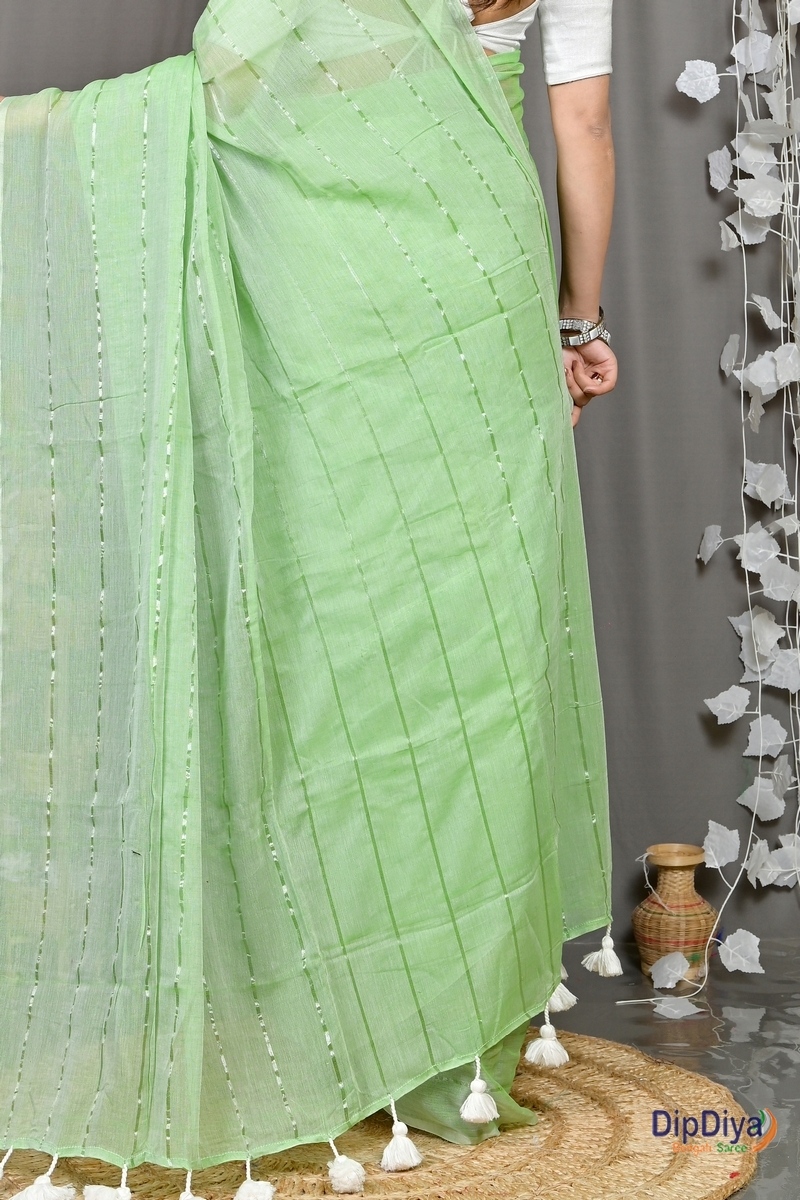 Light Green Mal Cotton Pari Hand Loom Saree (314)